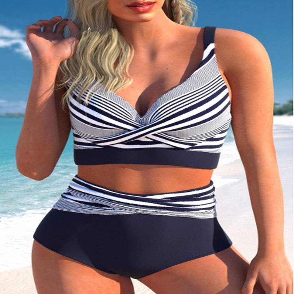modlily surplice high waisted striped navy bikini set xxl