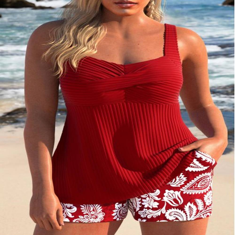 modlily surplice random floral print red tankini set l