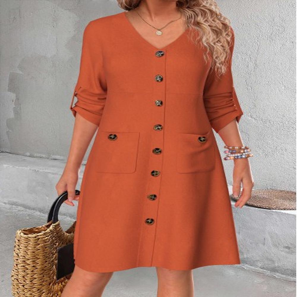 modlily terracotta button a line long sleeve v neck dress