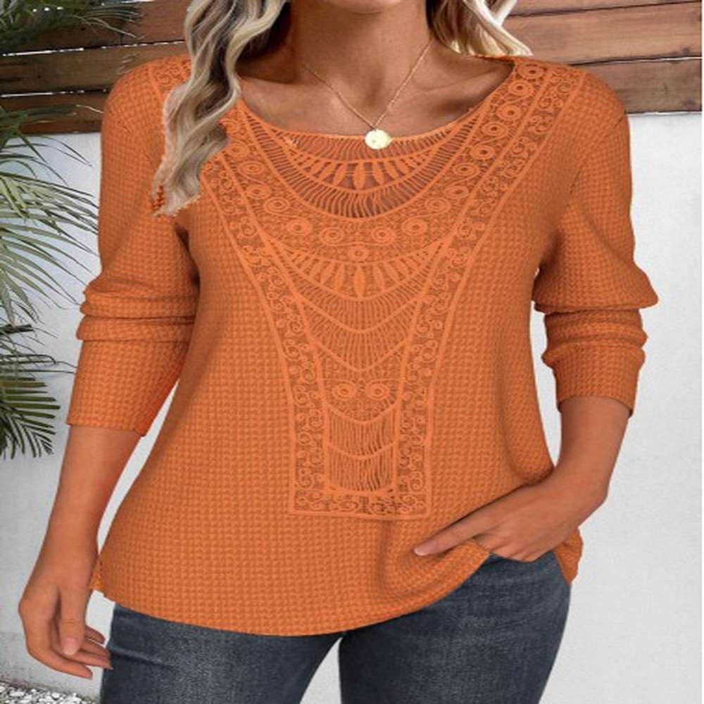 modlily terracotta lace long sleeve round neck t shirt