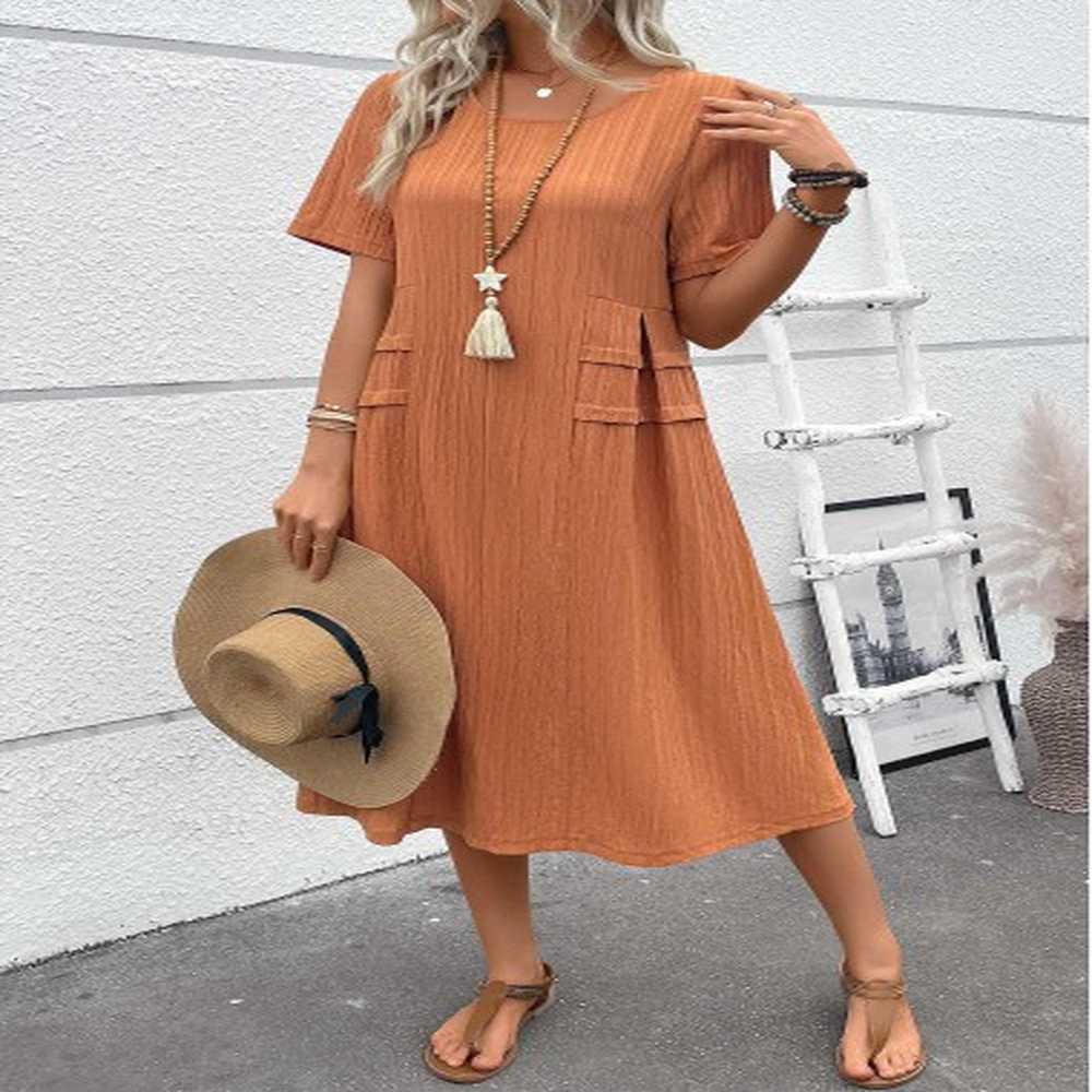 modlily terracotta patchwork a line short sleeve round neck dress
