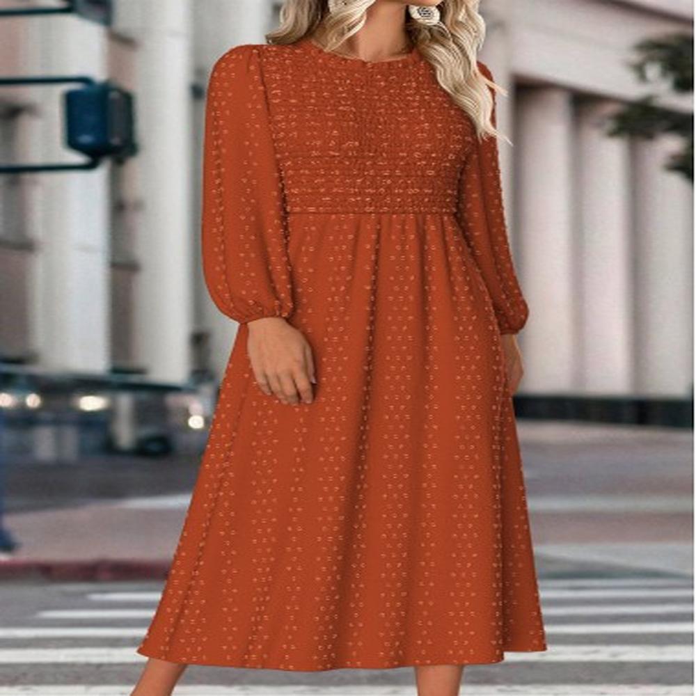 modlily terracotta tummy coverage long sleeve round neck dress