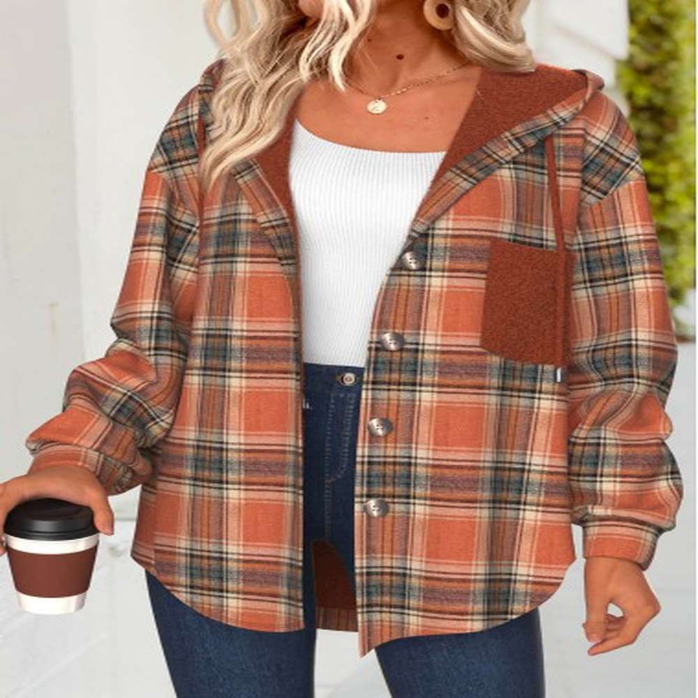 modlily terracotta tummy coverage plaid long sleeve hooded track jacket