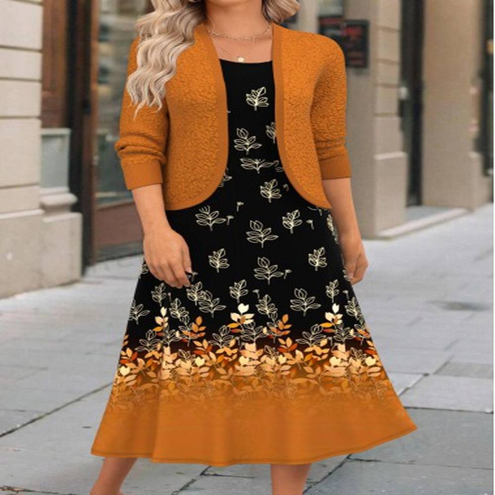 modlily terracotta two piece floral print dress and cardigan