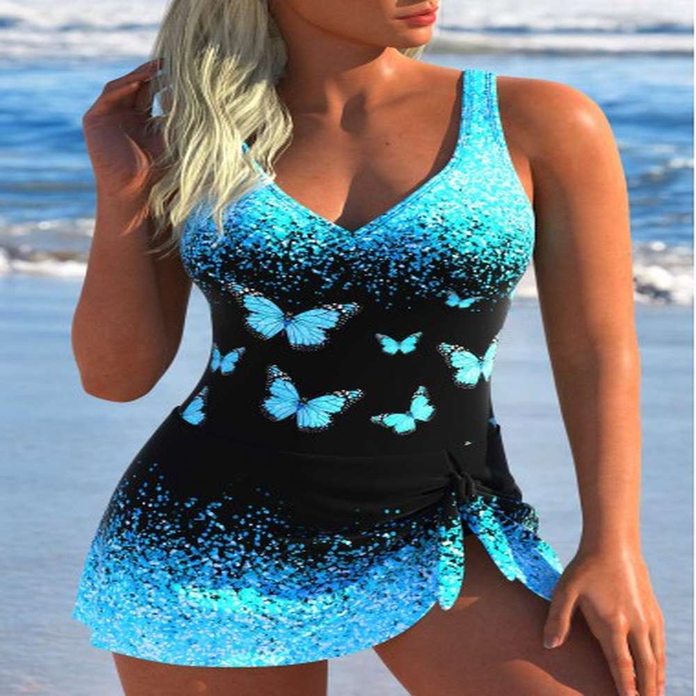 modlily tie butterfly print cyan one piece swimdress xxl