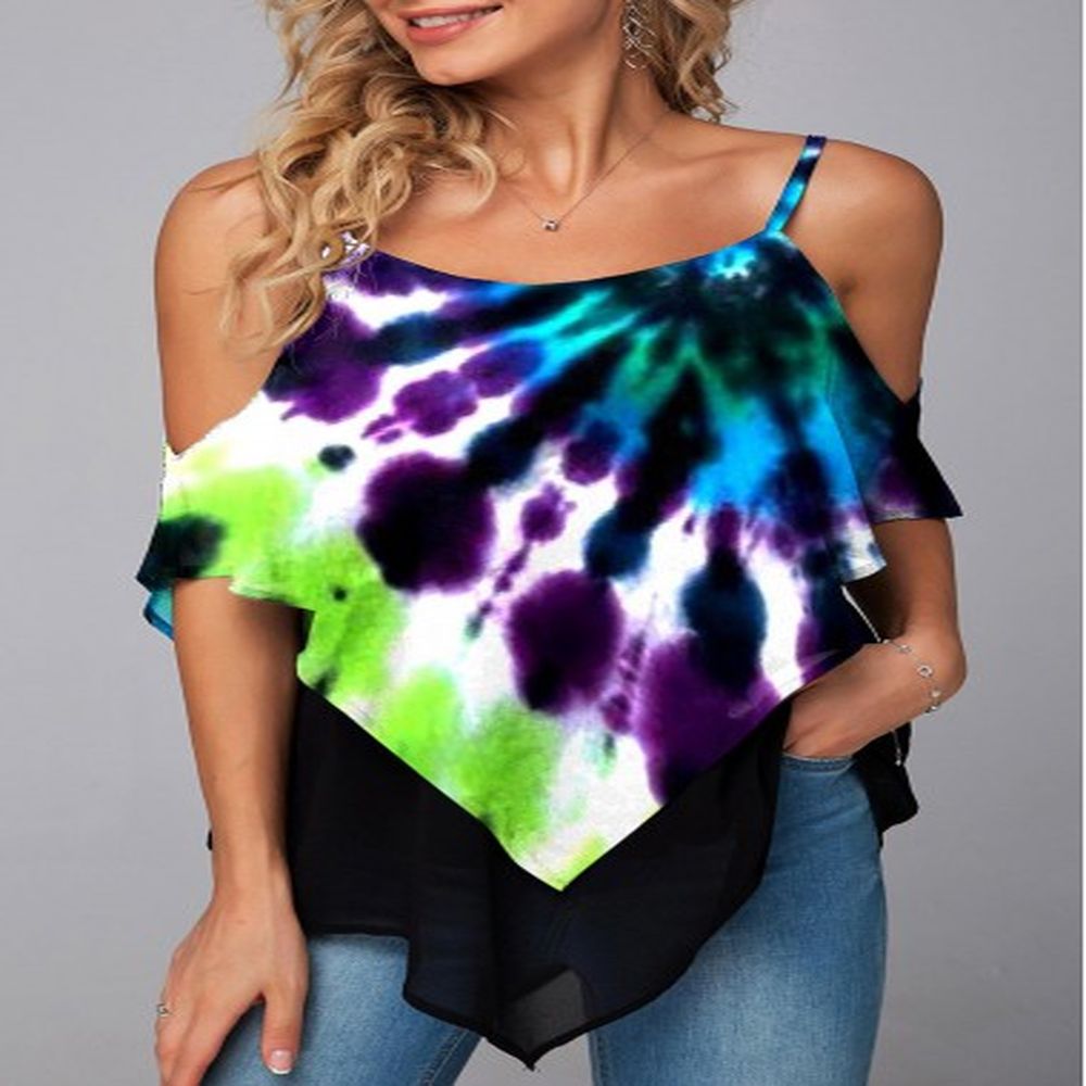 modlily tie dye print asymmetric hem mesh stitching t shirt