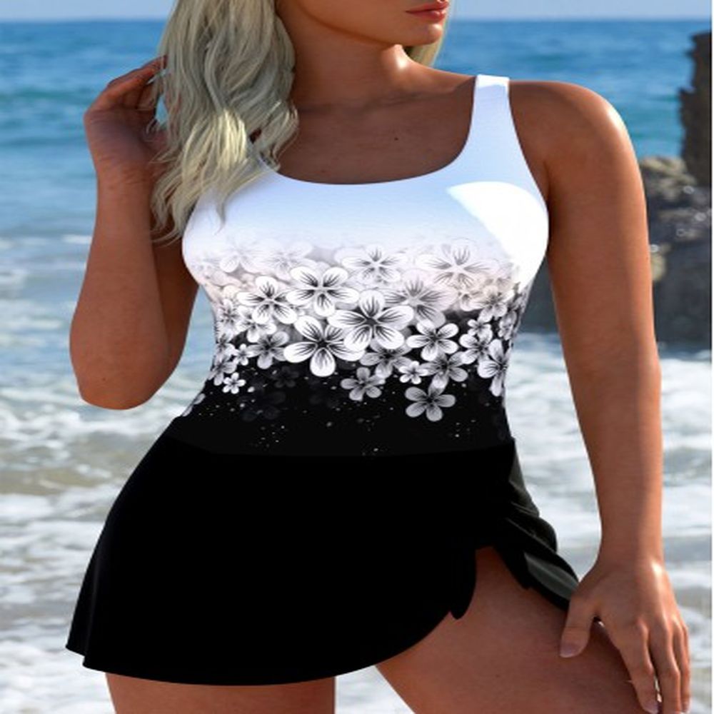 modlily tie floral print black one piece swimdress l