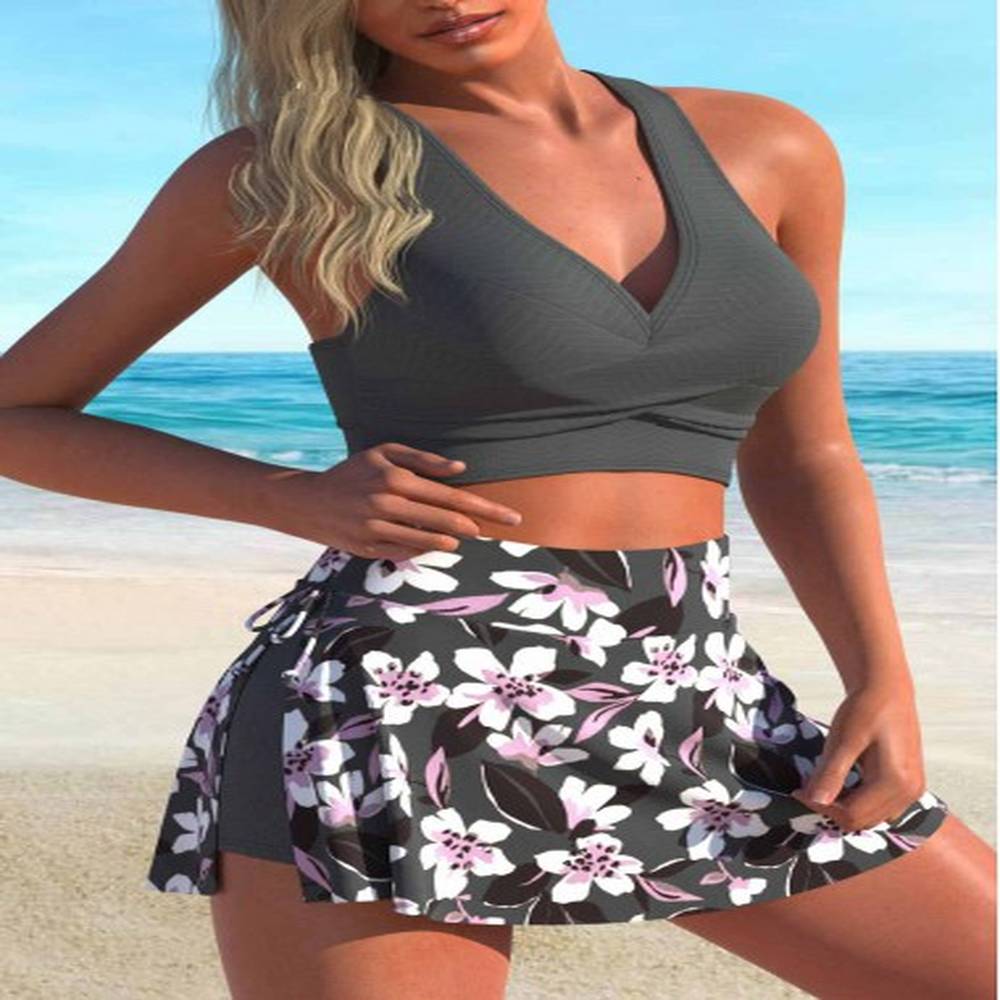 modlily tie floral print dark grey bikini set l
