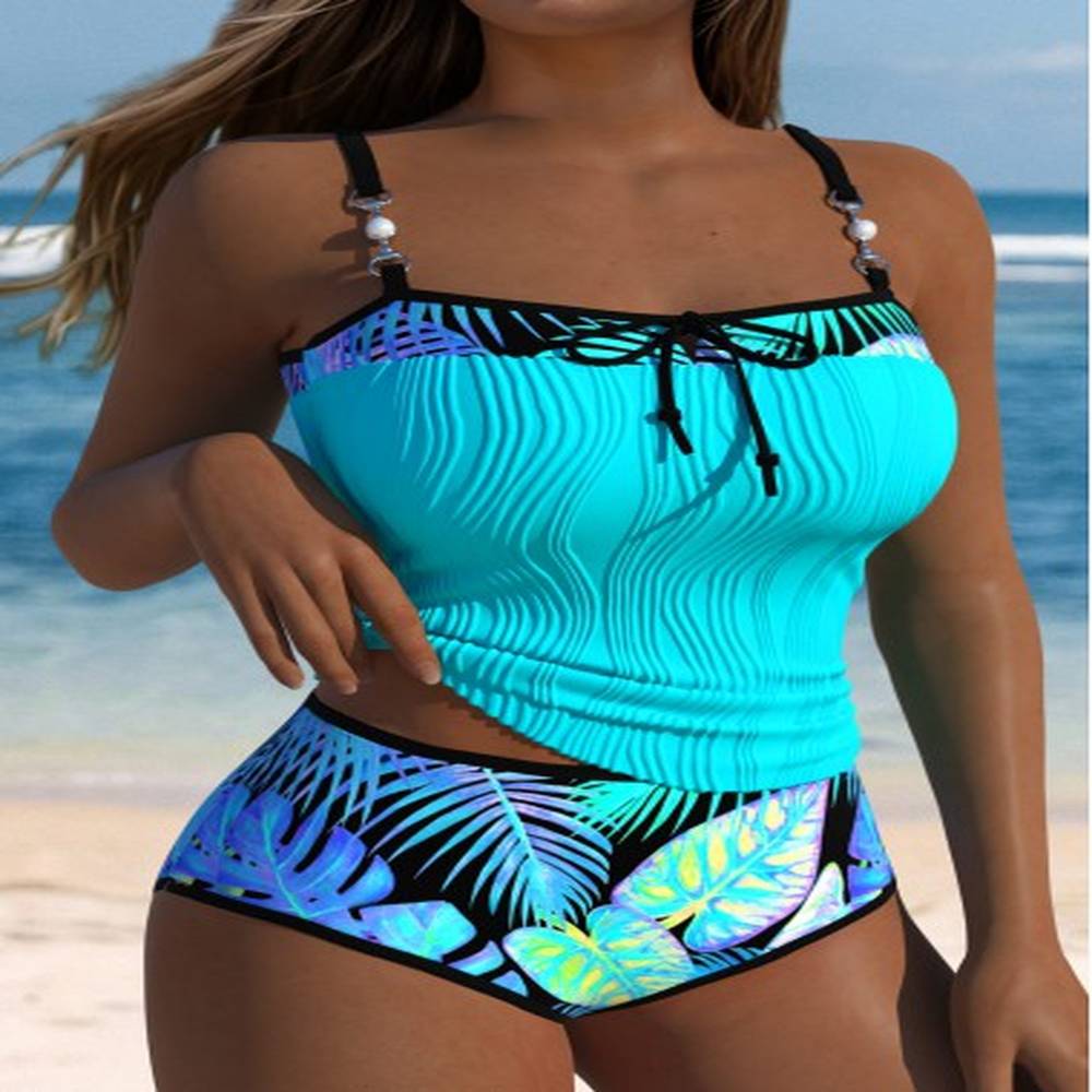 modlily tie mid waisted tropical plants print cyan tankini set