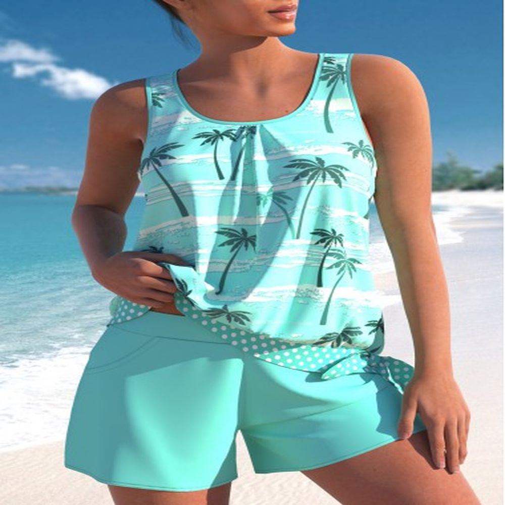 modlily tie mid waisted tropical plants print tankini set