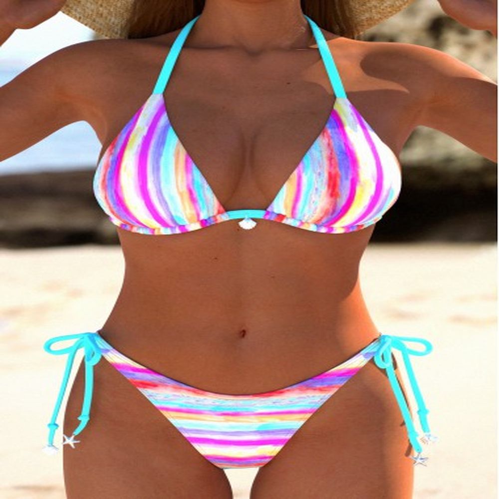 modlily tie multi stripe print hot pink bikini set