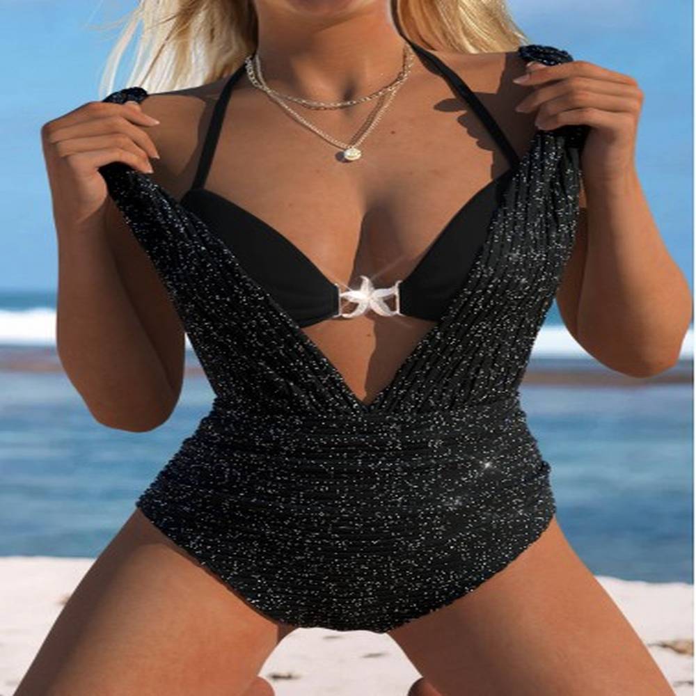modlily tie patchwork black one piece swimwear and bra