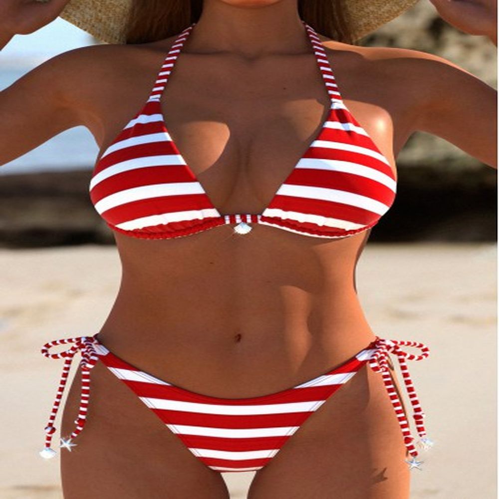 modlily tie patchwork striped red bikini set s