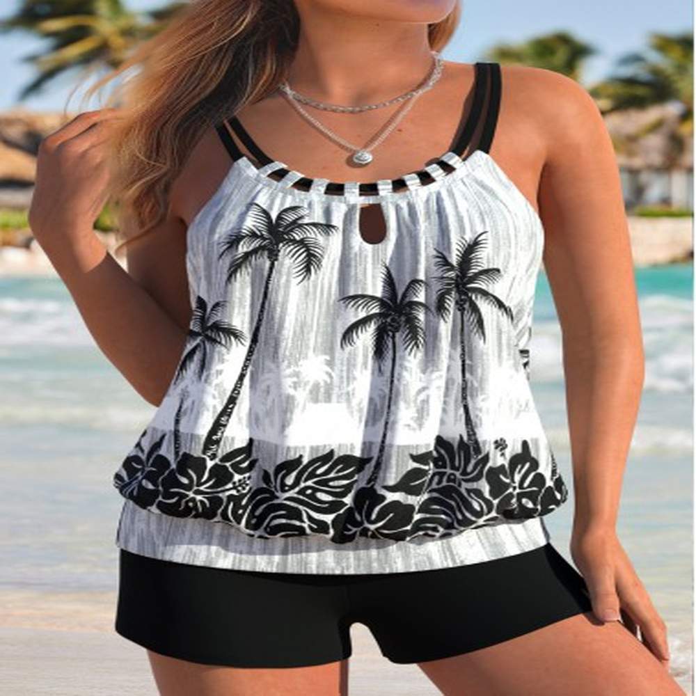 modlily tropical plants print black tankini top xl