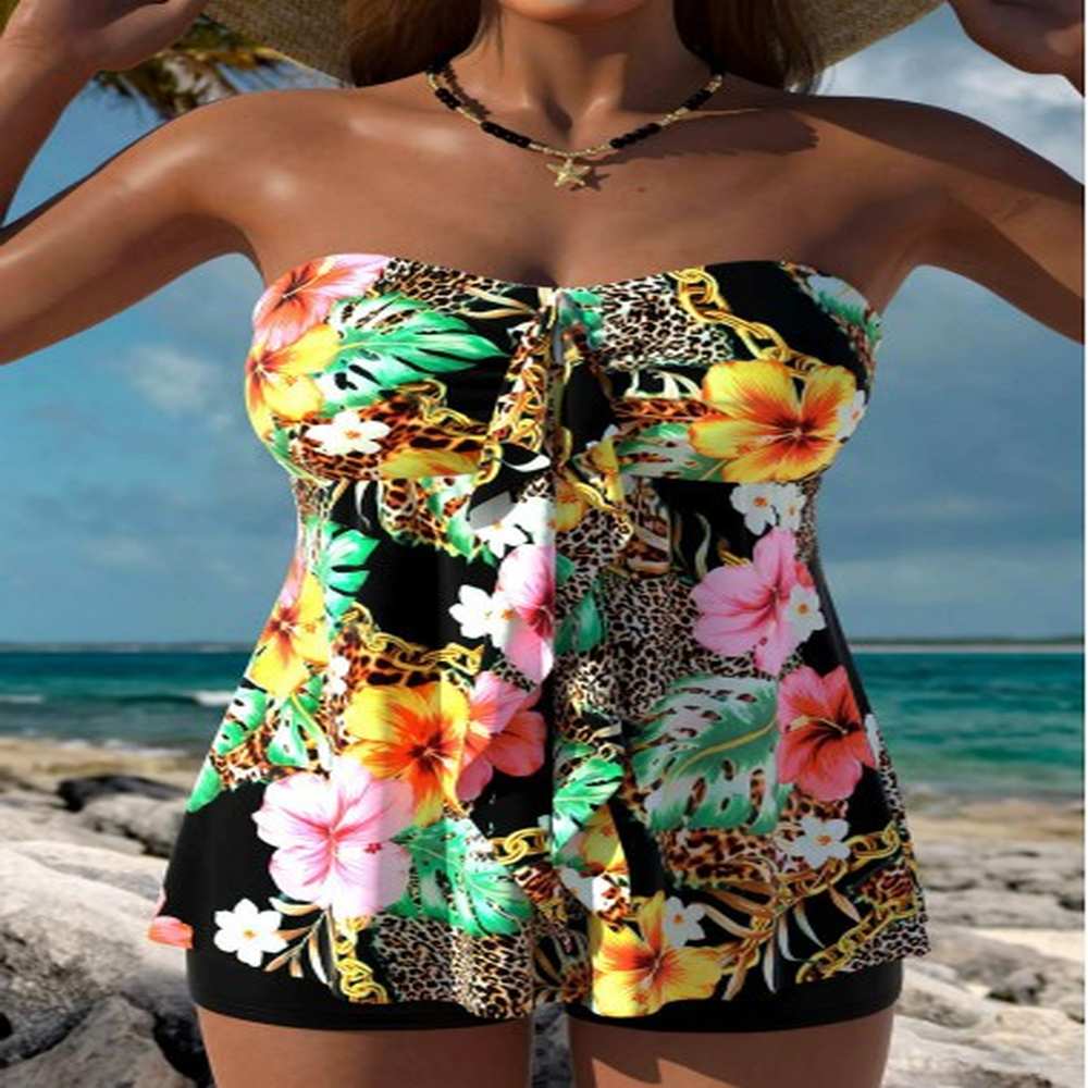 modlily tummy coverage floral print black tankini set xxl
