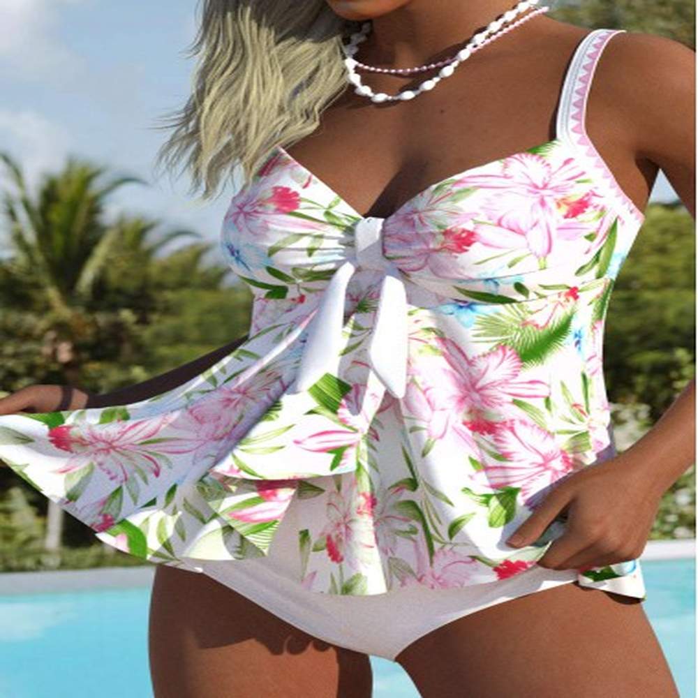 modlily tummy coverage mid waisted floral print white tankini set