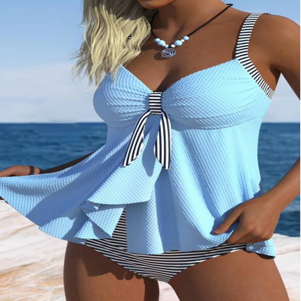 modlily tummy coverage mid waisted striped light blue tankini set
