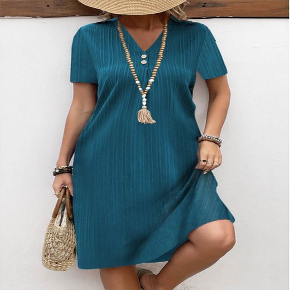 modlily turquoise button a line short sleeve v neck dress