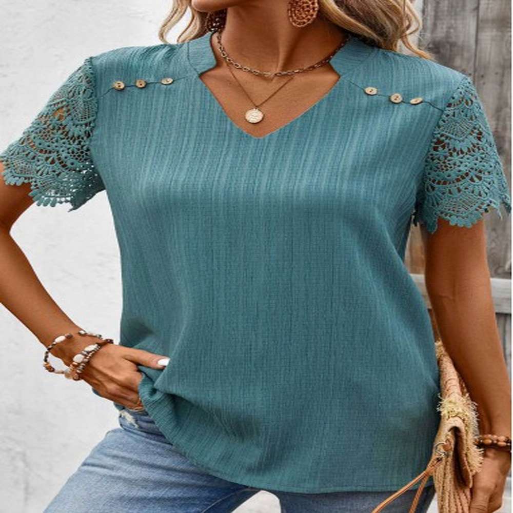 modlily turquoise lace short sleeve split neck blouse m