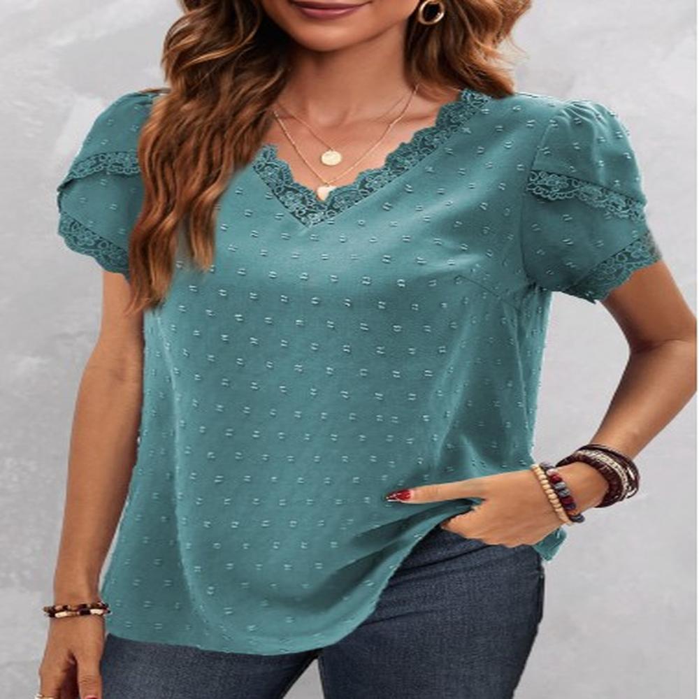 modlily turquoise lace short sleeve v neck blouse s