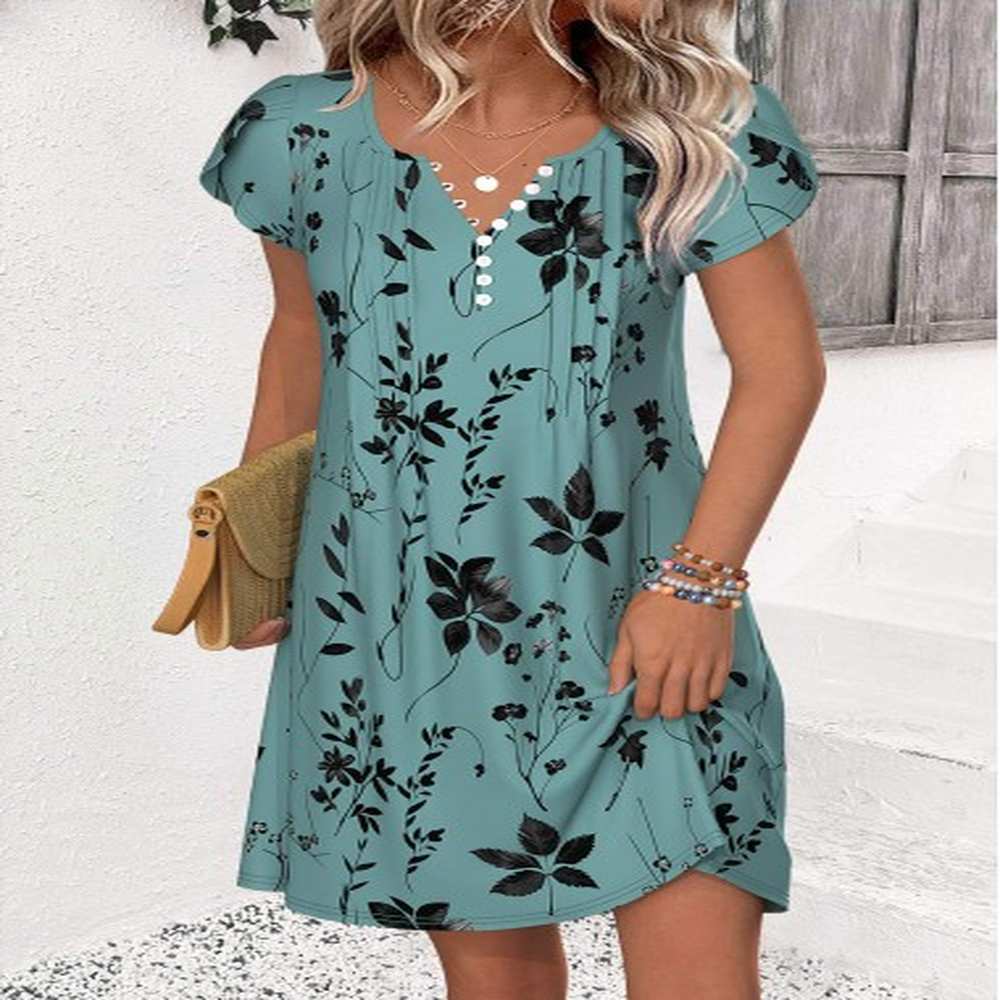 modlily turquoise leaf print short split neck dress xl