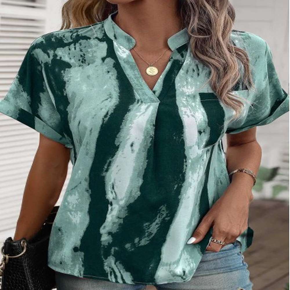 modlily turquoise lightweight ink painting print short sleeve blouse