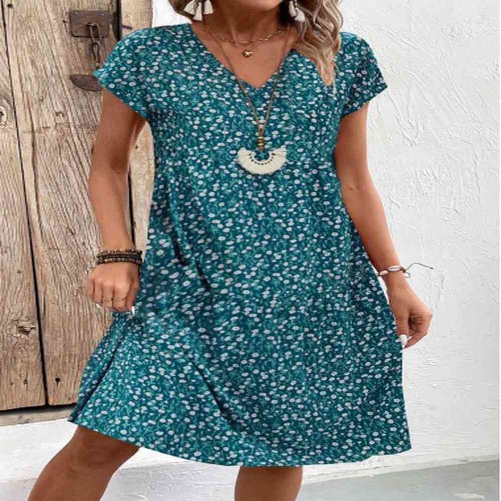 modlily turquoise patchwork floral print a line short sleeve dress