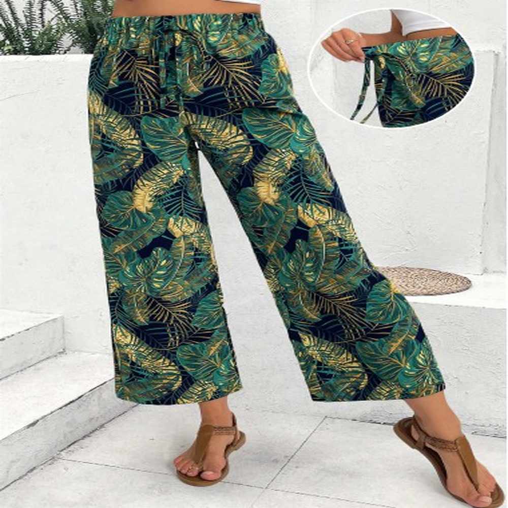 modlily turquoise plants print wide leg elastic waist pants