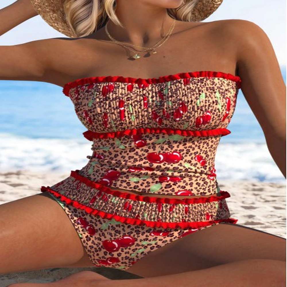 modlily two piece mid waisted leopard red tankini set