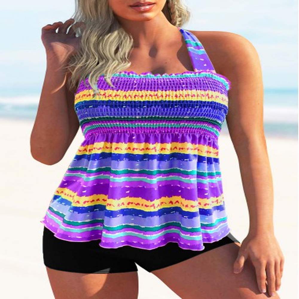 modlily violet color tie back rainbow wide stripe smocked halter