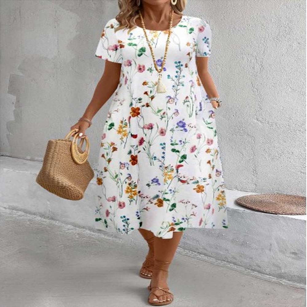 modlily white breathable floral print a line short sleeve dress