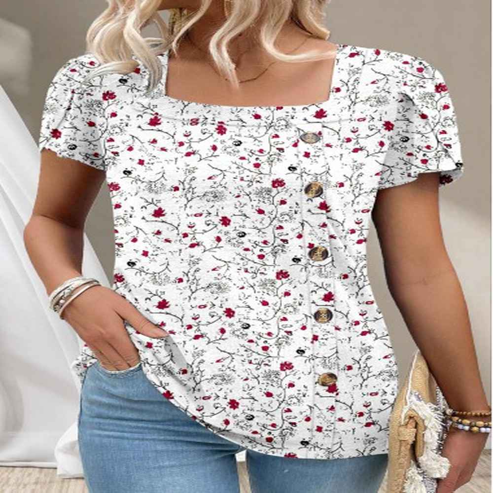 modlily white button ditsy floral print short sleeve t shirt