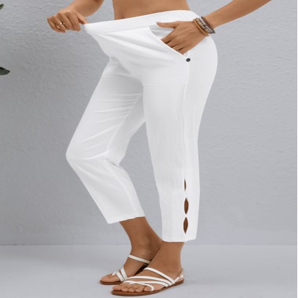 modlily white button elastic waist high waisted pants s
