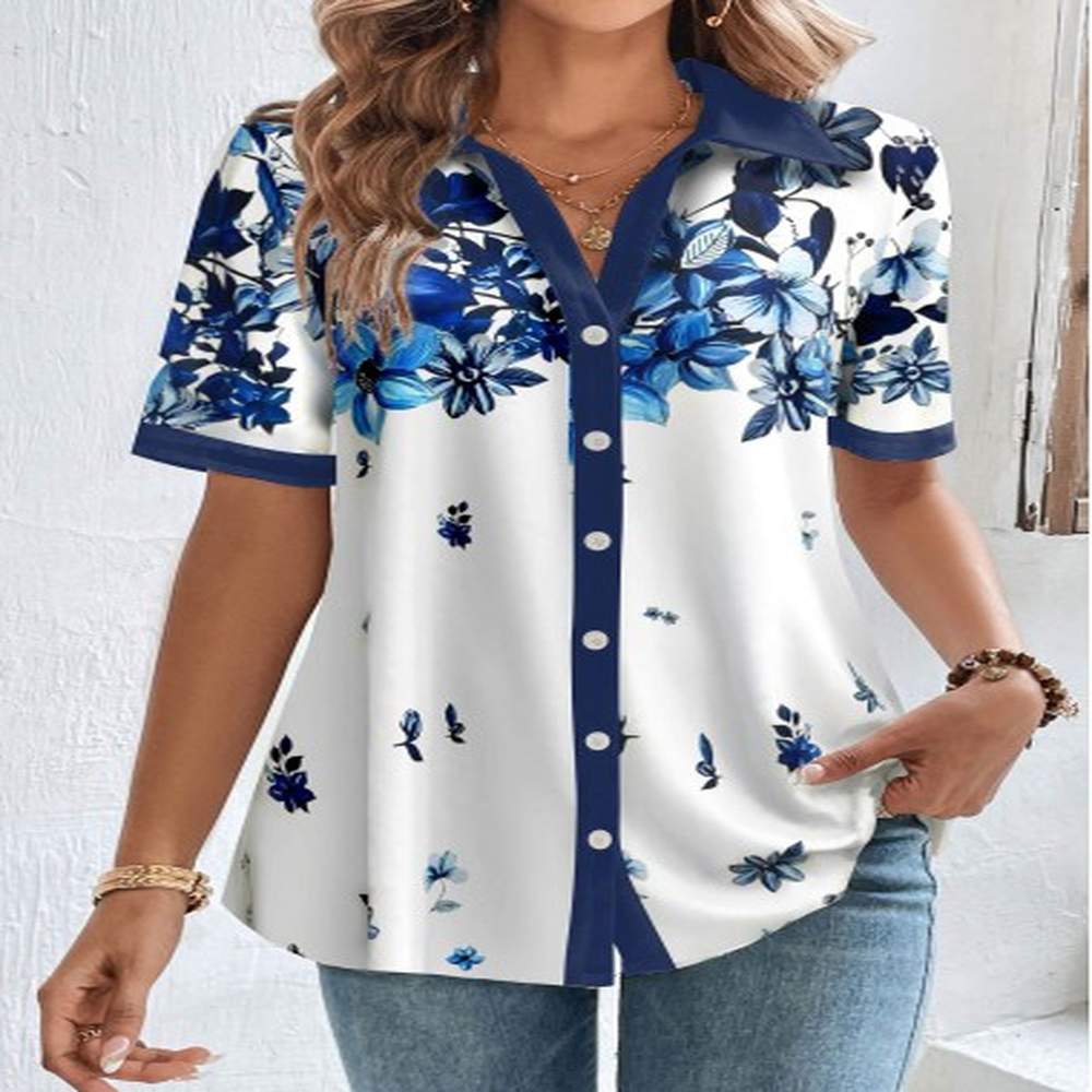 modlily white button floral print short sleeve blouse m