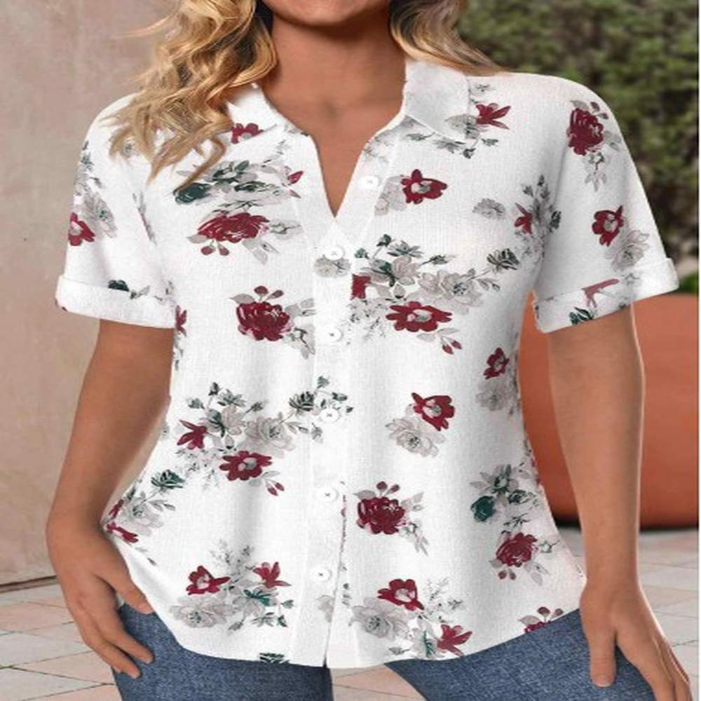 modlily white button floral print short sleeve shirt collar blouse