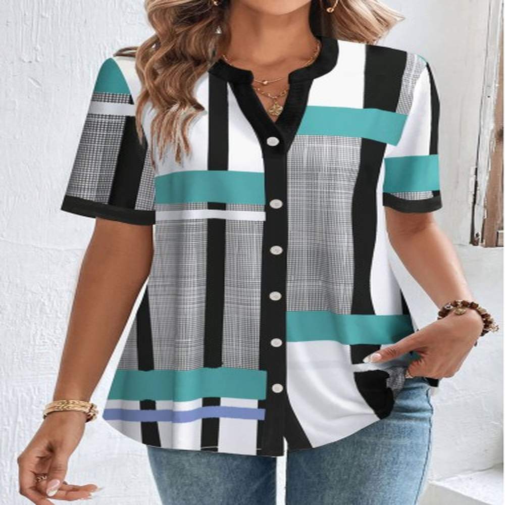 modlily white button geometric print short sleeve blouse xxl