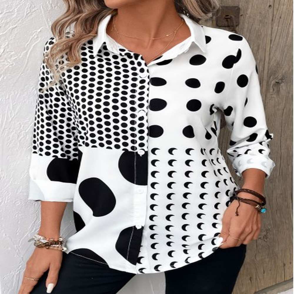 modlily white button polka dot long sleeve shirt collar blouse