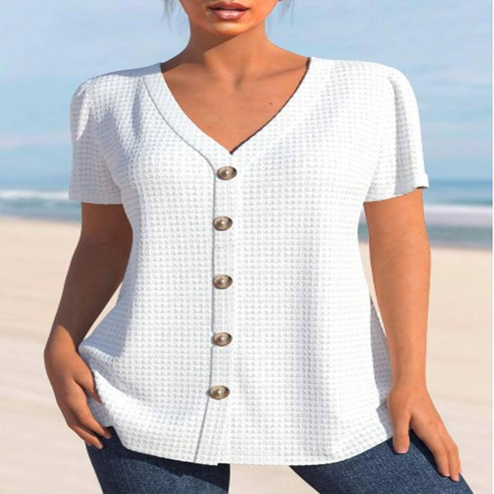 modlily white button short sleeve v neck blouse l