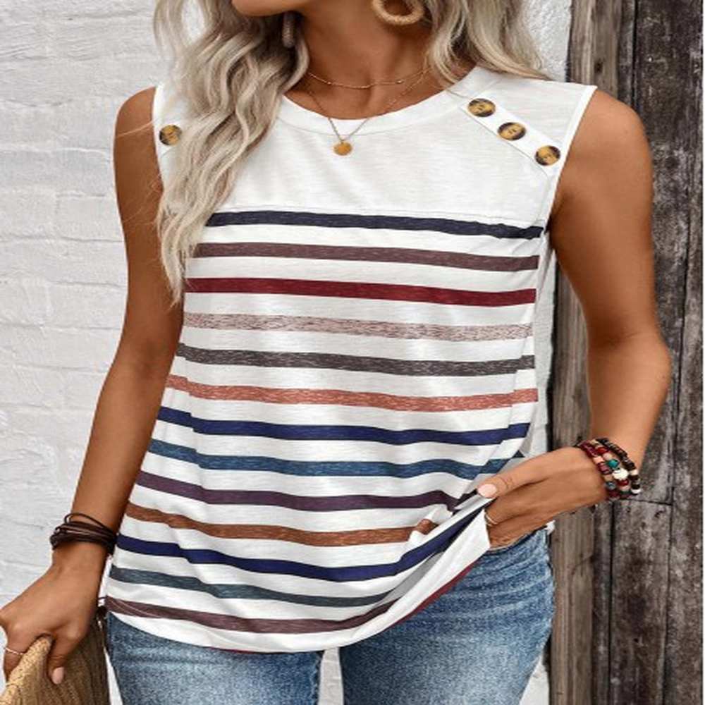 modlily white button striped round neck tank top xxl