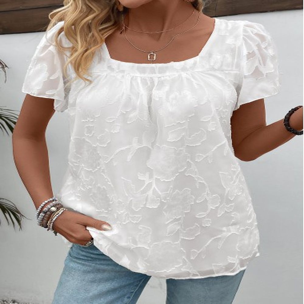 modlily white chiffon short sleeve square neck t shirt