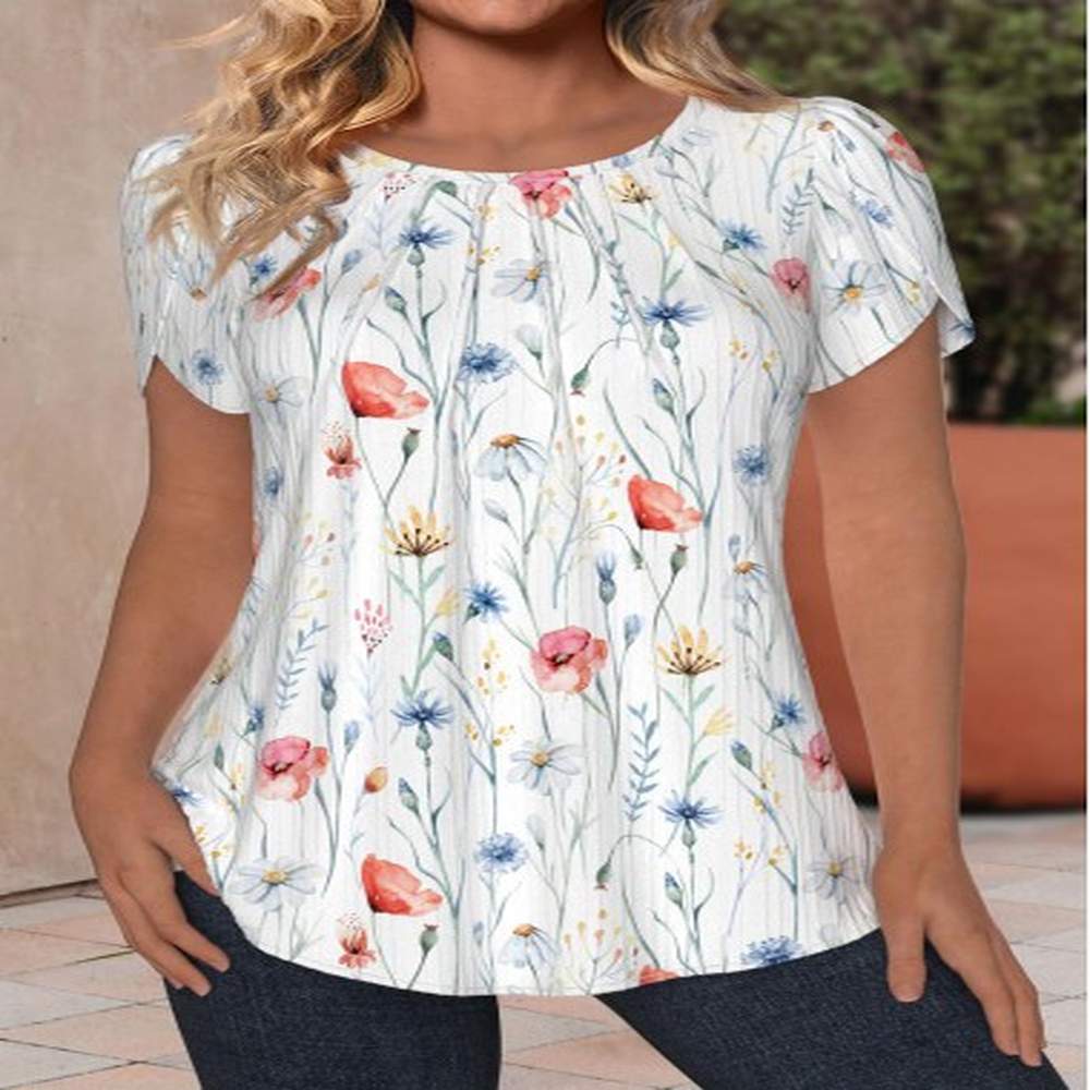 modlily white cut out floral print short sleeve blouse