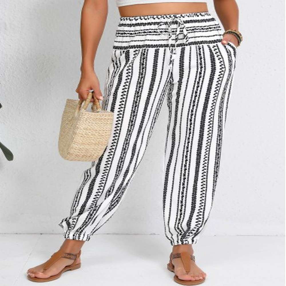 modlily white drawstring geometric print jogger elastic waist pants