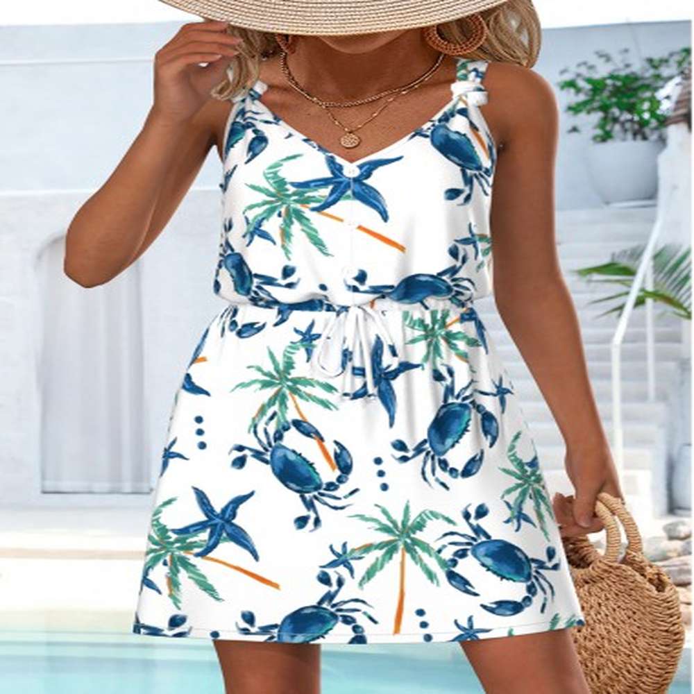 modlily white drawstring marine life print short strappy dress