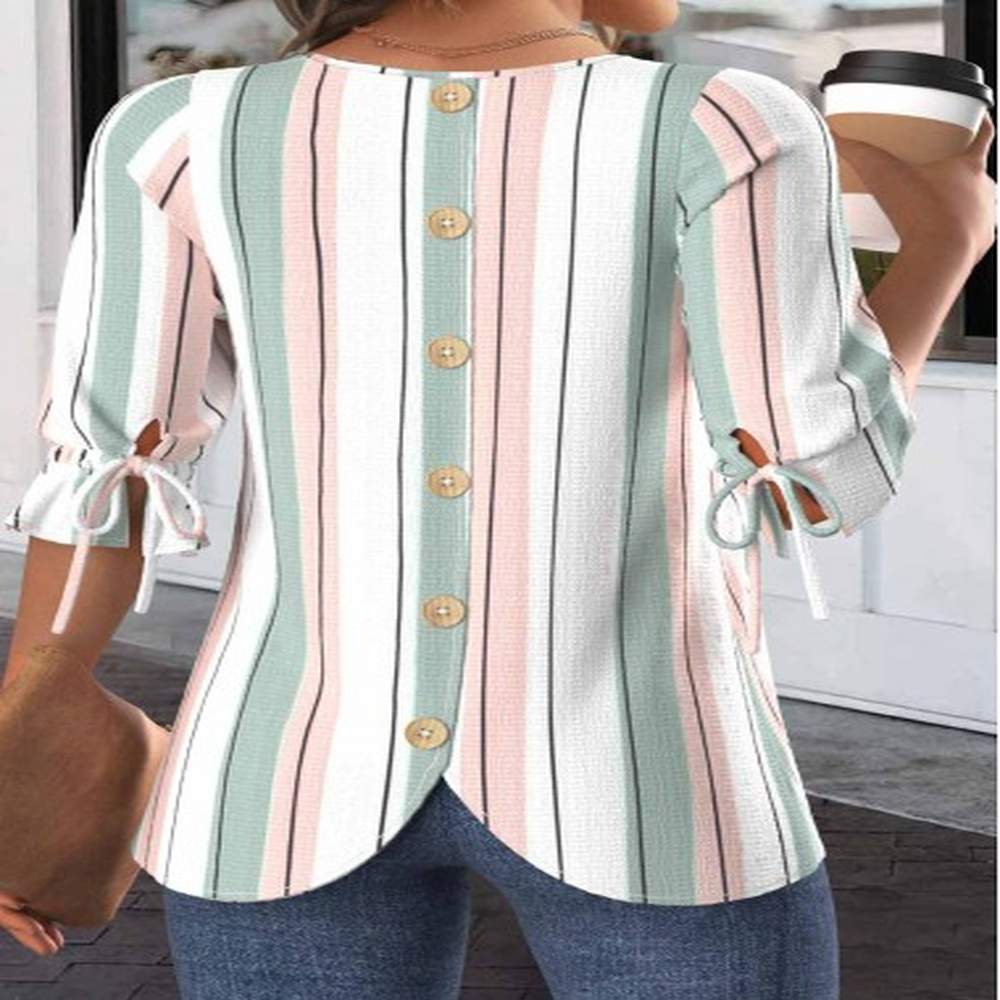 modlily white drawstring striped half sleeve round neck blouse