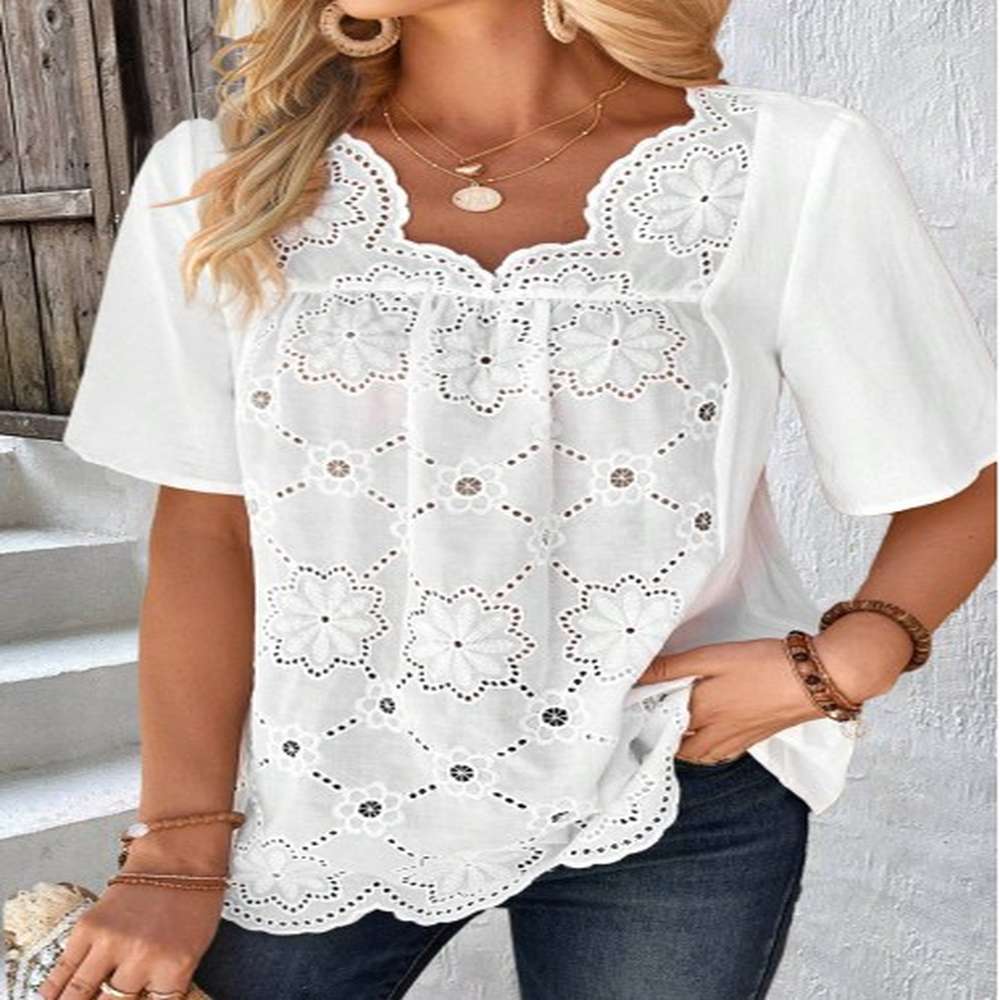 modlily white embroidery half sleeve v neck blouse m