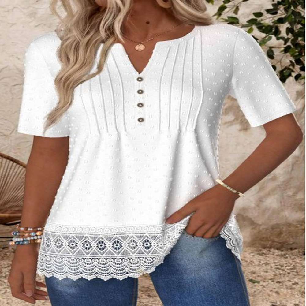 modlily white embroidery short sleeve split neck t shirt