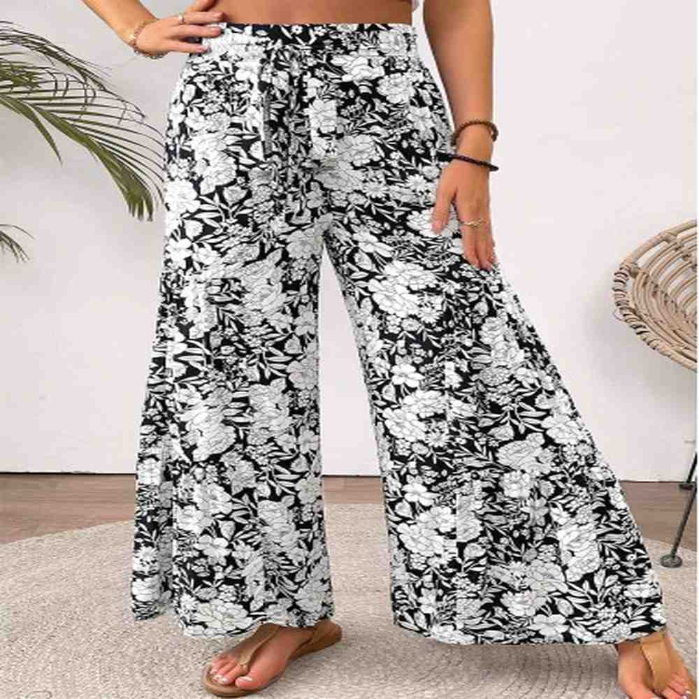 modlily white floral print wide leg elastic waist pants