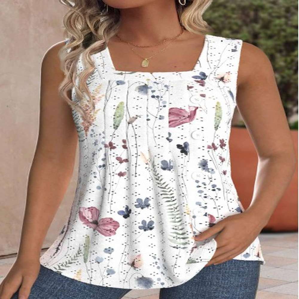 modlily white hole floral print sleeveless square neck tank top