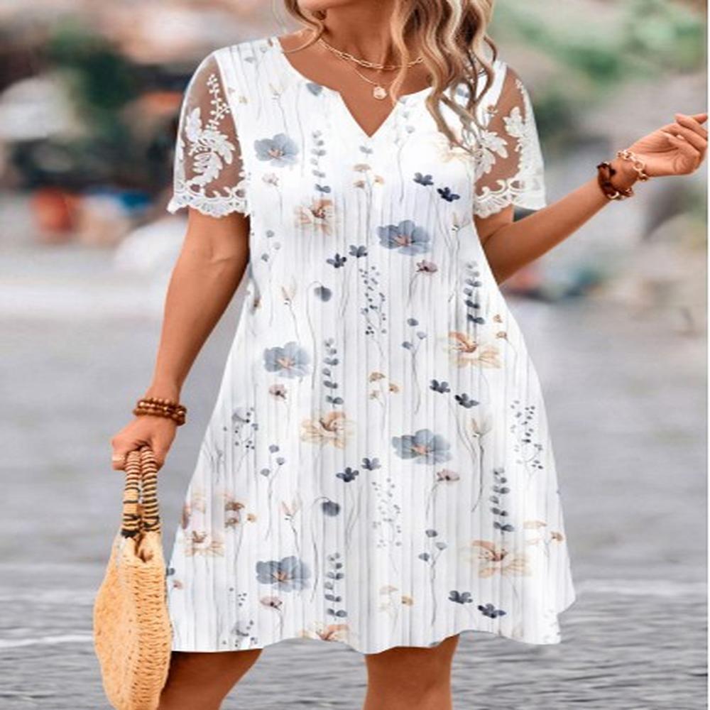 modlily white lace floral print a line short sleeve dress