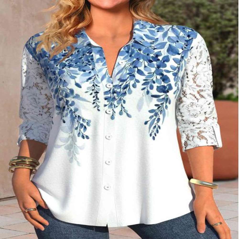 modlily white lace leaf print long sleeve shirt collar blouse